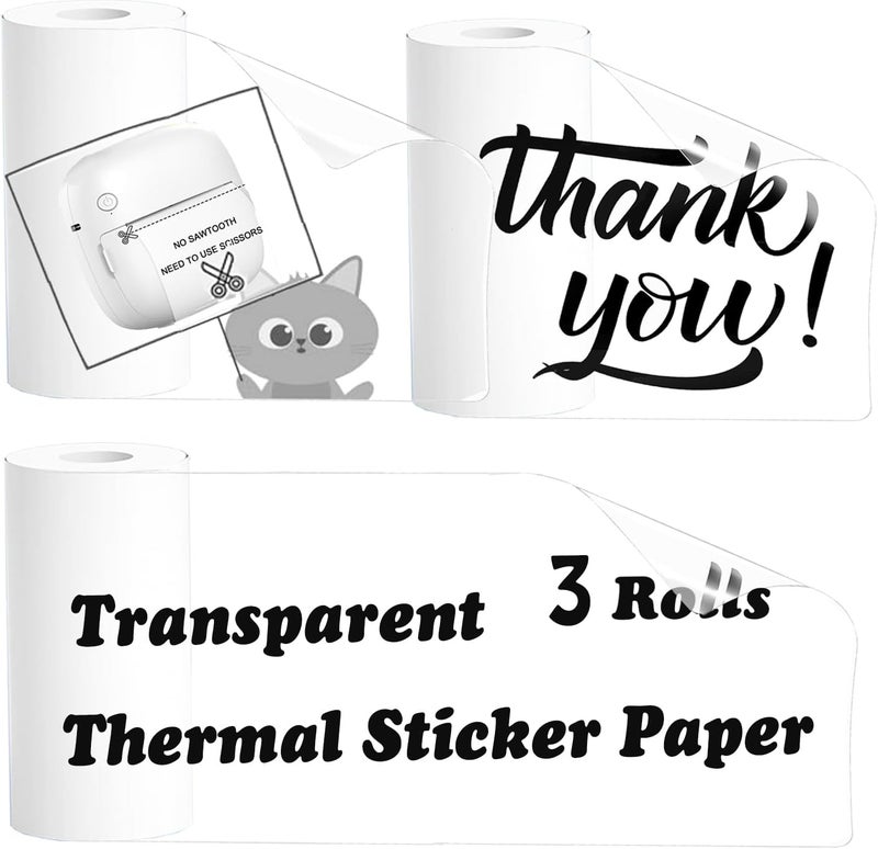 ECIFFO Mini Thermal Printer Paper, 57 X 25mm Sticker Paper for Most Kids Instant Thermal Camera Paper Roll Refill, 3 Rolls Transparent Self-Adhesive Thermal Paper for Most Pocket Printer - Image 1